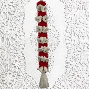 Vintage Handmade Crocheted Christmas Wall Bell Hanger Red White 38"